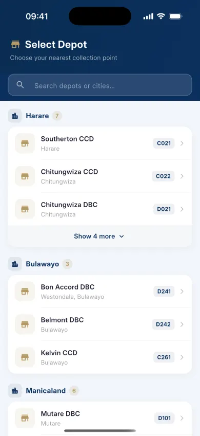 Delta Beverages App — Choose a collection depot