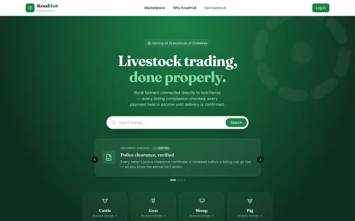 KraalHub — Homepage — search and browse livestock by type